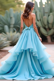 Blue Halter Neck Ball Gown Long Prom Dress with Ruffles