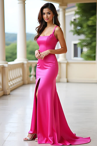 Square Neck Sheath Fuchsia Long Satin Prom Dress with Slit