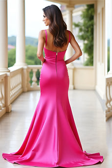 Square Neck Sheath Fuchsia Long Satin Prom Dress with Slit