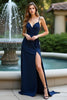 Load image into Gallery viewer, Navy Sheath Long Chiffon Wedding Guest Dress with Slit