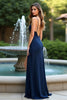 Load image into Gallery viewer, Navy Sheath Long Chiffon Wedding Guest Dress with Slit