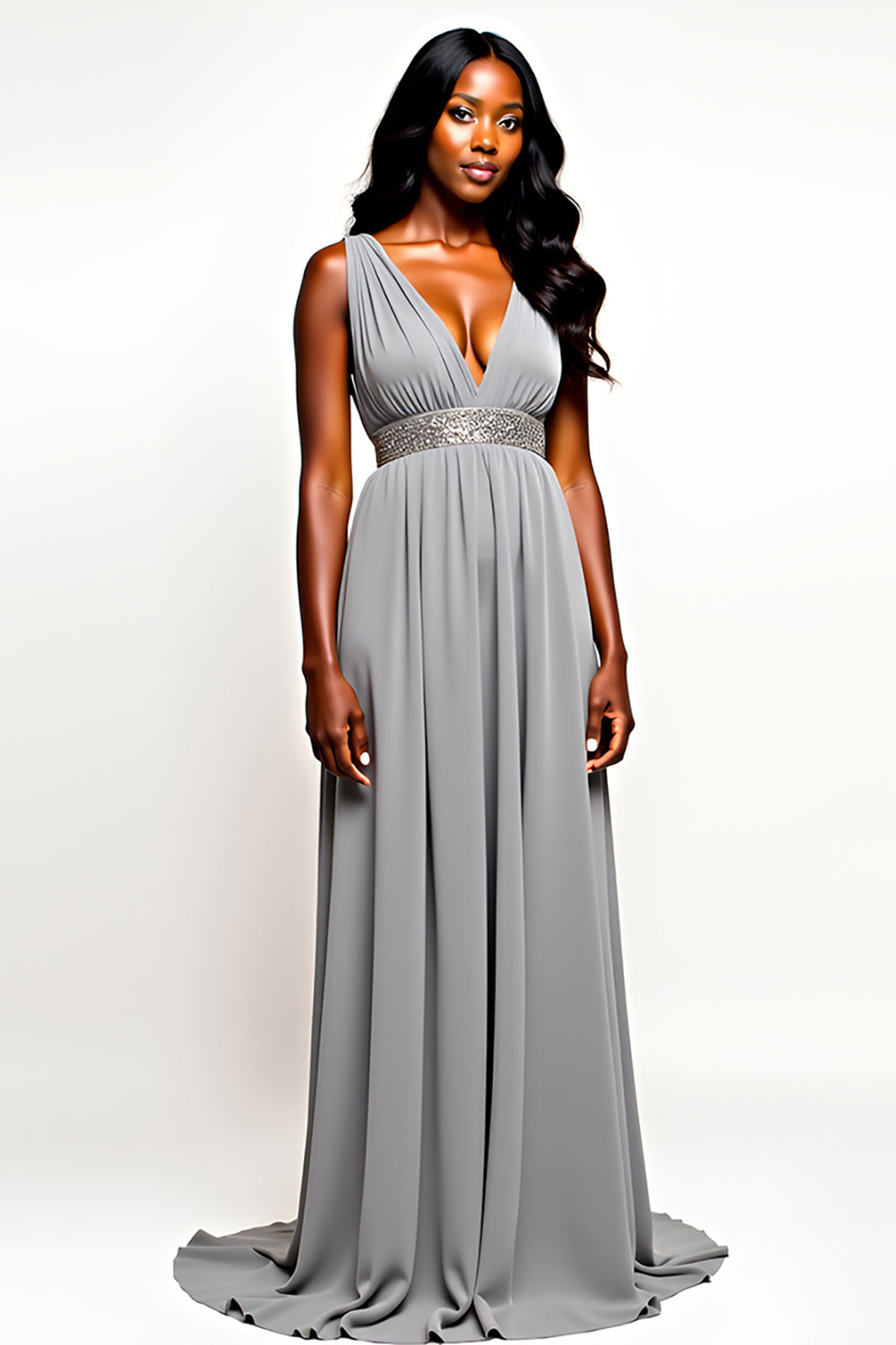 Grey V-Neck Long Chiffon Wedding Guest Dress with Beading