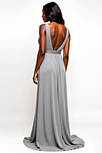 Grey V-Neck Long Chiffon Wedding Guest Dress with Beading