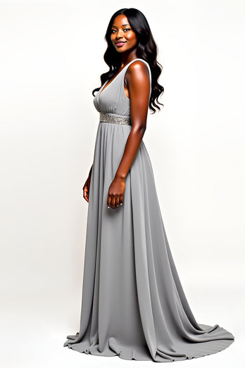 Grey V-Neck Long Chiffon Wedding Guest Dress with Beading