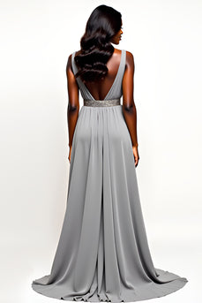 Grey V-Neck Long Chiffon Wedding Guest Dress with Beading