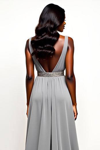 Grey V-Neck Long Chiffon Wedding Guest Dress with Beading