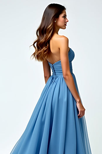 Grey Blue A Line Sweetheart Long Prom Dress with Slit