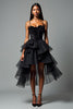 Load image into Gallery viewer, Black A Line V-Neck Tiered Tea Length Graduation Dress