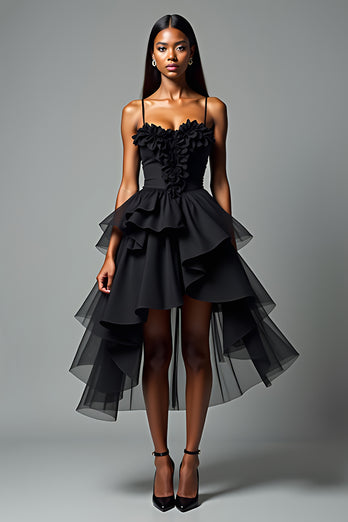 Black A Line V-Neck Tiered Tea Length Graduation Dress