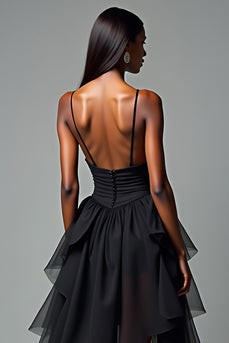 Black A Line V-Neck Tiered Tea Length Graduation Dress