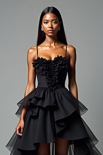 Black A Line V-Neck Tiered Tea Length Graduation Dress