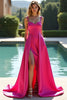 Load image into Gallery viewer, Fuchsia A Line Sweetheart Long Satin Prom Dress with Slit