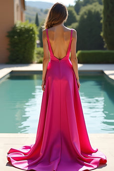 Fuchsia A Line Sweetheart Long Satin Prom Dress with Slit