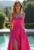 Load image into Gallery viewer, Fuchsia A Line Sweetheart Long Satin Prom Dress with Slit