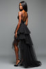 Load image into Gallery viewer, Black A Line Spaghetti Straps Tiered Long Graduation Dress with Slit