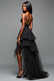 Black A Line Spaghetti Straps Tiered Long Graduation Dress with Slit