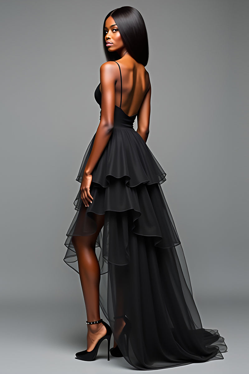 Load image into Gallery viewer, Black A Line Spaghetti Straps Tiered Long Graduation Dress with Slit