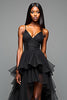 Load image into Gallery viewer, Black A Line Spaghetti Straps Tiered Long Graduation Dress with Slit