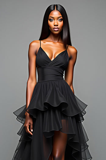 Black A Line Spaghetti Straps Tiered Long Graduation Dress with Slit