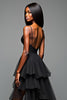 Load image into Gallery viewer, Black A Line Spaghetti Straps Tiered Long Graduation Dress with Slit