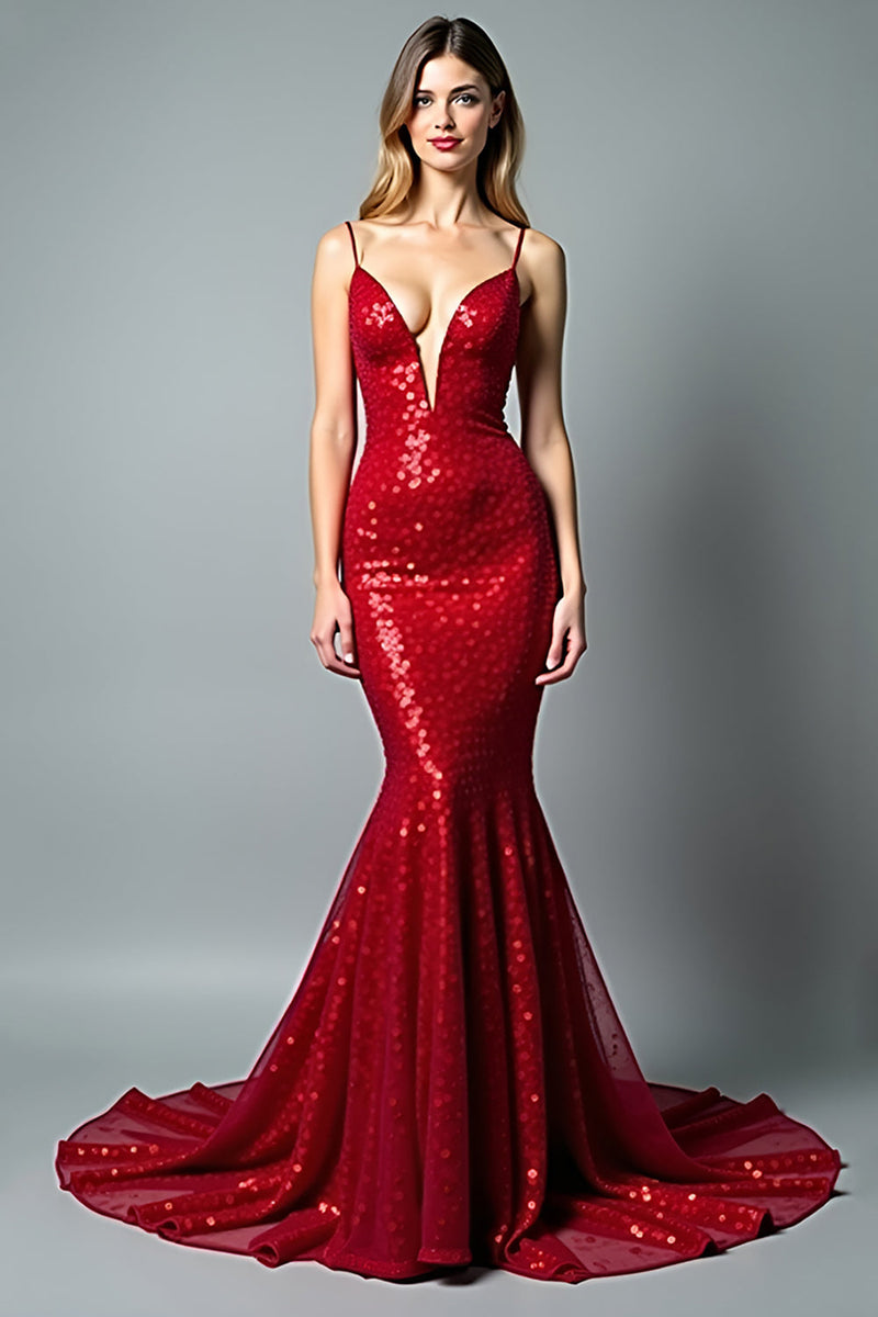 Load image into Gallery viewer, Sparkly Mermaid Sequins Deep V-Neck Red Long Prom Dress