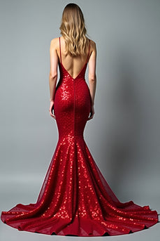 Sparkly Mermaid Sequins Deep V-Neck Red Long Prom Dress