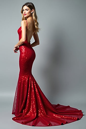 Sparkly Mermaid Sequins Deep V-Neck Red Long Prom Dress