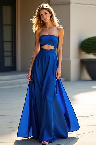 Royal Blue Strapless Keyhole Long Satin Wedding Guest Dress