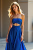 Load image into Gallery viewer, Royal Blue Strapless Keyhole Long Satin Wedding Guest Dress