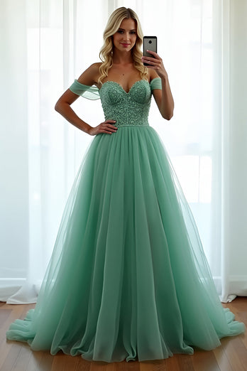 Green Off the Shoulder A Line Long Prom Dress