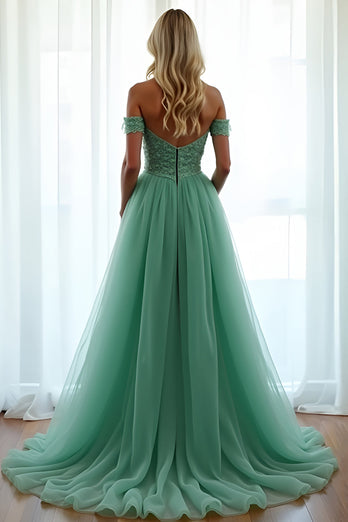 Green Off the Shoulder A Line Long Prom Dress