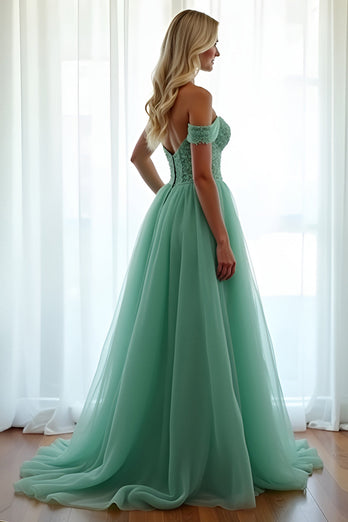 Green Off the Shoulder A Line Long Prom Dress