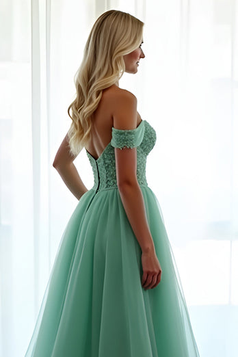 Green Off the Shoulder A Line Long Prom Dress