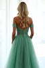 Load image into Gallery viewer, Green Off the Shoulder A Line Long Prom Dress