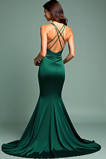 Dark Green Deep V-Neck Spaghetti Straps Long Prom Dress