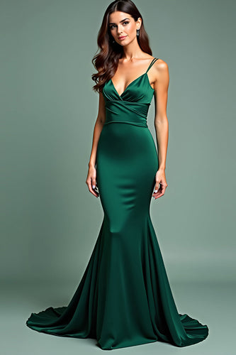 Dark Green Deep V-Neck Spaghetti Straps Long Prom Dress