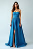 Load image into Gallery viewer, Blue Strapless Ruched Long Wedding Guest Dress with Slit