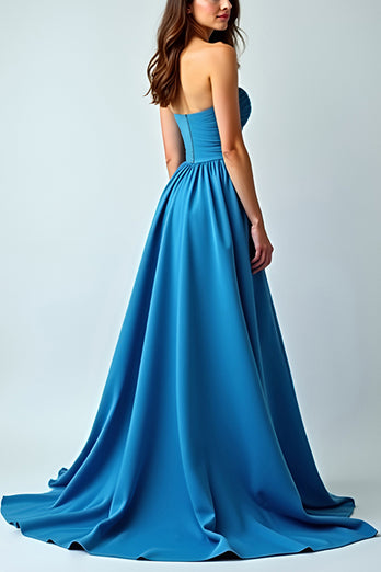 Blue Strapless Ruched Long Wedding Guest Dress with Slit