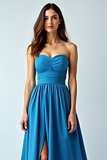 Blue Strapless Ruched Long Wedding Guest Dress with Slit