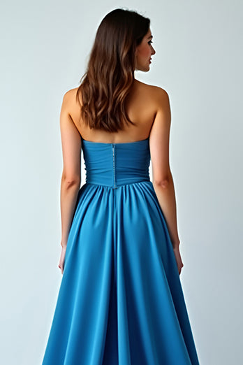 Blue Strapless Ruched Long Wedding Guest Dress with Slit