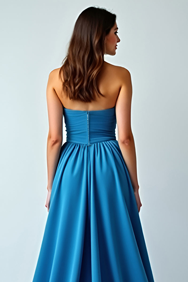 Load image into Gallery viewer, Blue Strapless Ruched Long Wedding Guest Dress with Slit