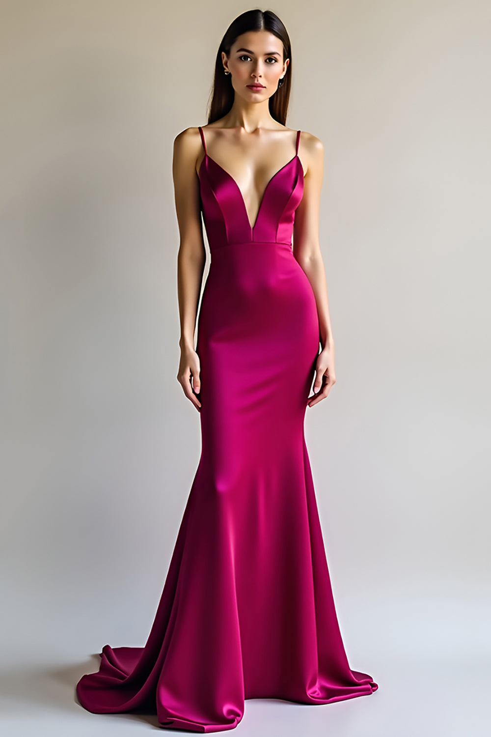 Sheath Spaghetti Straps Fuchsia Satin Long Prom Dress