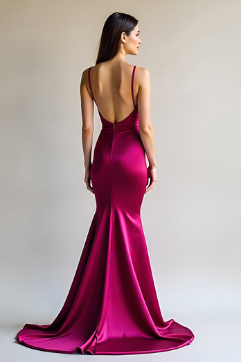 Sheath Spaghetti Straps Fuchsia Satin Long Prom Dress