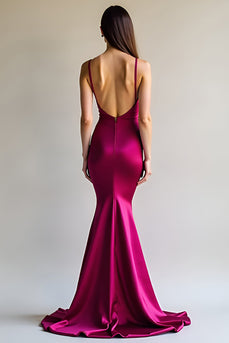 Sheath Spaghetti Straps Fuchsia Satin Long Prom Dress