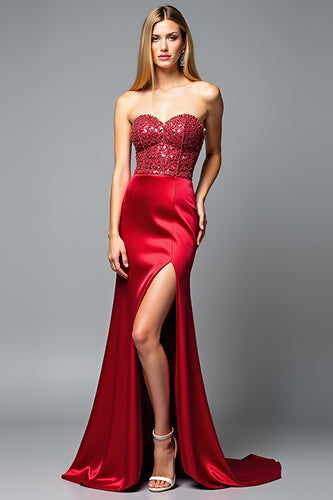 Sparkly Red Sweetheart Sheath Long Prom Dress with Slit