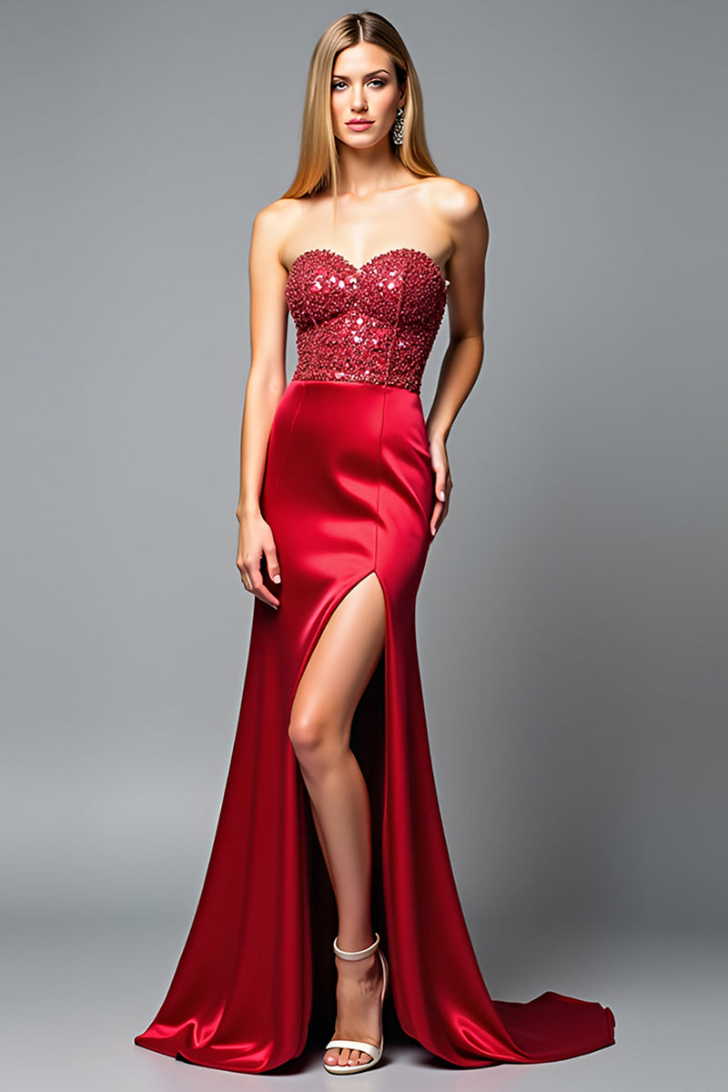 Load image into Gallery viewer, Sparkly Red Sweetheart Sheath Long Prom Dress with Slit