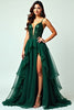 Load image into Gallery viewer, A Line Dark Green Long Ruffled Tulle Prom Dress with Slit