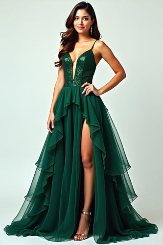 A Line Dark Green Long Ruffled Tulle Prom Dress with Slit