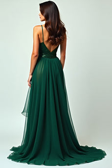 A Line Dark Green Long Ruffled Tulle Prom Dress with Slit