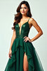 Load image into Gallery viewer, A Line Dark Green Long Ruffled Tulle Prom Dress with Slit